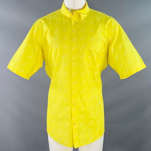 M Yellow White Logo Cotton Button Down Collar One Pocket Oversized Shirt - Picture 1 of 13